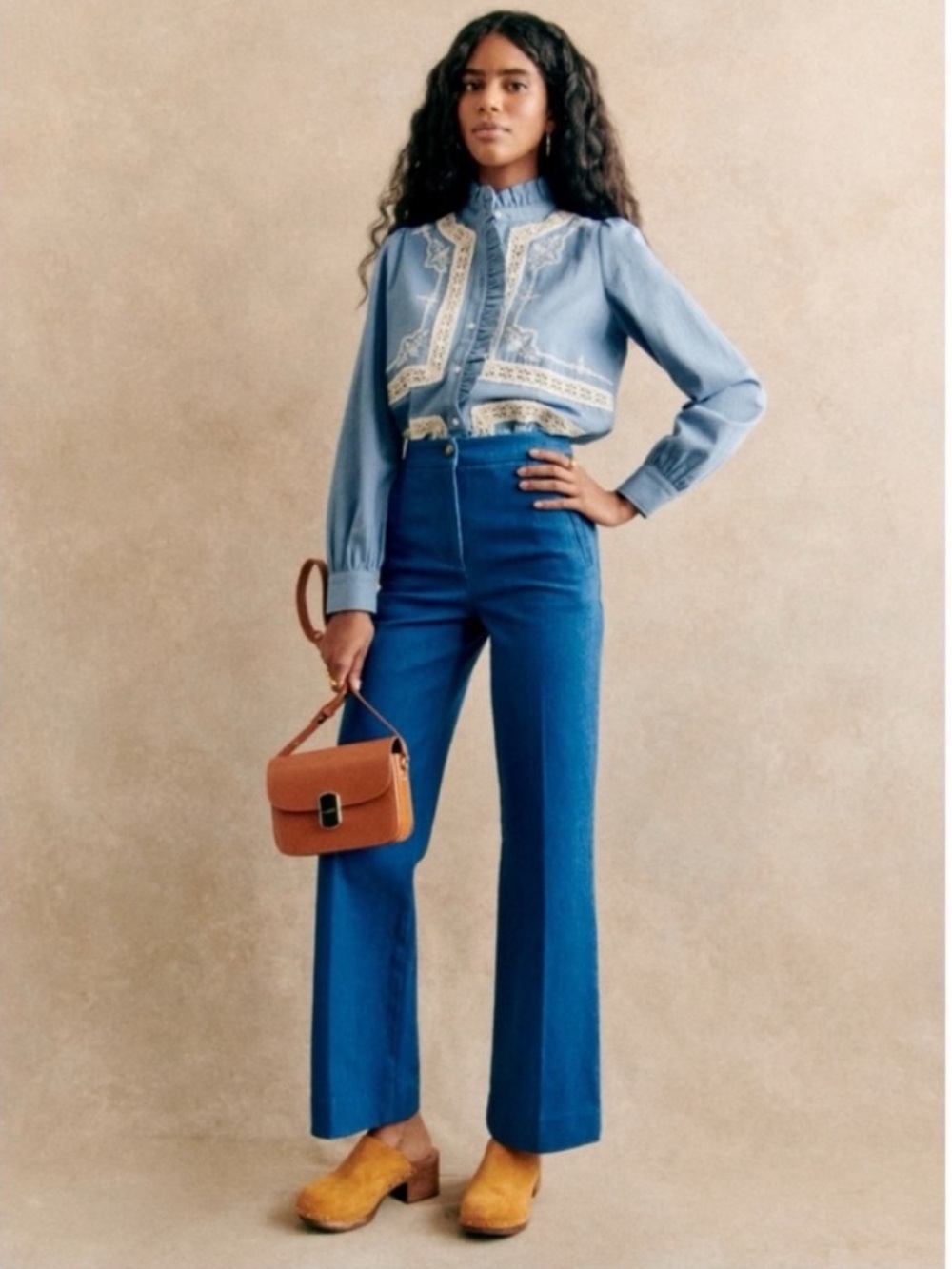 SEZANE Blue Ecru Lace Embroidered High Collar Button Down Chambray Ulysse Shirt - Picture 16 of 16